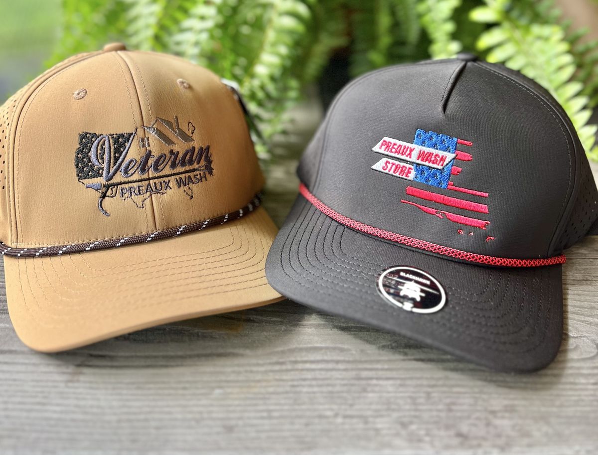 Two rope hats with embroidered company logos