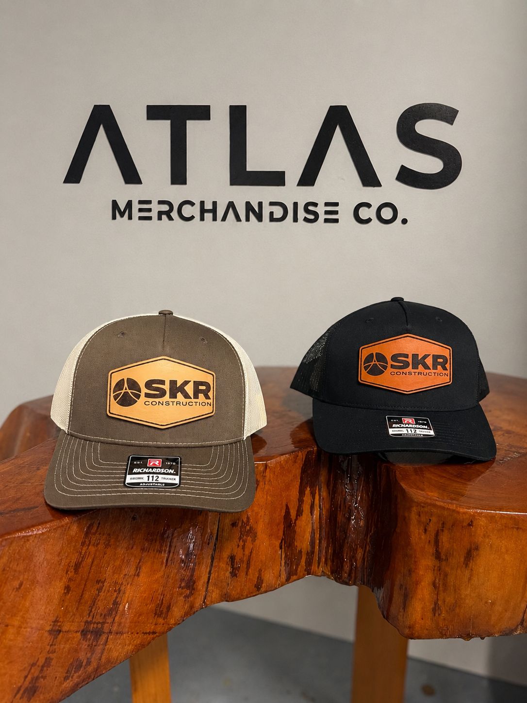 Leather patch trucker hats for SKR Construction at the Atlas shop in Gonzales